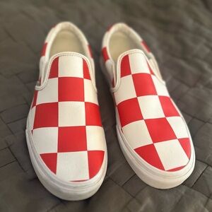 Vans Classic Slip-On Leather  Checkerboard White Red Slip On Shoes Men's Size 11